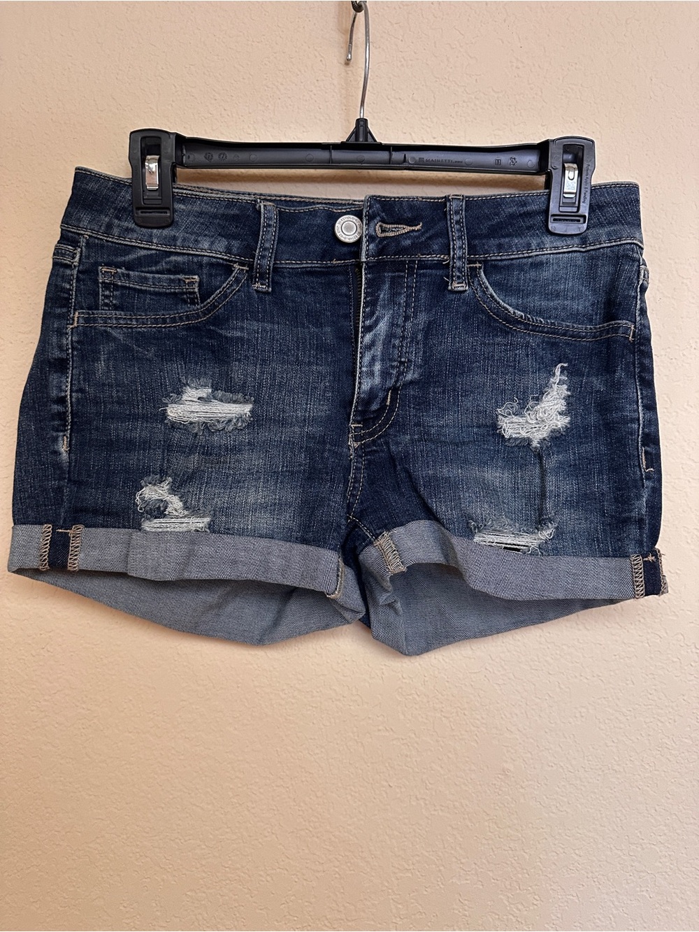 SO Dark Blue Distressed Denim Roll-Cuff Shorts